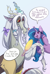 Size: 2616x3888 | Tagged: safe, artist:rico_chan, idw, imported from derpibooru, discord, izzy moonbow, draconequus, pony, unicorn, spoiler:comic, spoiler:g5, spoiler:g5comic, bow, dialogue, dialogue box, duo, g5, hair bow, magic, makeover, mirror, old man discord, pigtails