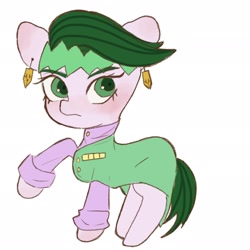 Size: 2048x2048 | Tagged: safe, artist:h2o_omz, artist:jellyfish_k_r_g, imported from derpibooru, earth pony, pony, anime, clothes, jojo's bizarre adventure, male, ponified, raised hoof, rohan kishibe, simple background, solo, stallion, white background