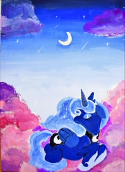 Size: 1819x2509 | Tagged: safe, artist:h2o_omz, artist:jellyfish_k_r_g, imported from derpibooru, princess luna, alicorn, pony, cloud, crescent moon, eyes closed, female, folded wings, horn, lying down, mare, moon, prone, sky, solo, wings