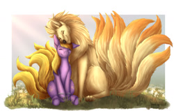 Size: 1280x813 | Tagged: safe, artist:szkar, imported from derpibooru, oc, oc only, oc:flossy tail, earth pony, ninetales, pony, bracelet, duo, eyes closed, jewelry, multiple tails, neck nuzzle, one ear down, pokémon, simple background, tail