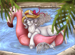 Size: 961x702 | Tagged: safe, artist:szkar, imported from derpibooru, oc, oc only, oc:sumona, bird, classical unicorn, flamingo, pony, unicorn, chest fluff, cloven hooves, ear fluff, female, hat, inflatable, inflatable flamingo, inflatable float, inflatable toy, leonine tail, lying down, mare, pool toy, riding, solo, swimming pool, unshorn fetlocks