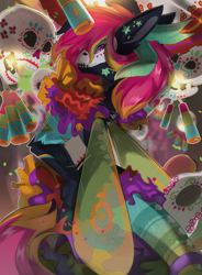 Size: 1550x2109 | Tagged: safe, artist:beardie, imported from derpibooru, oc, oc only, oc:season's greetings, draconequus, calavera (skull), clothes, dia de los muertos, dress, piñata, skull