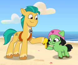 Size: 1230x1020 | Tagged: safe, edit, edited screencap, imported from derpibooru, screencap, hitch trailblazer, oc, oc:filly anon, earth pony, pony, spoiler:tyts01e14, alicorn issues, beach, duo, female, filly, foal, g5, male, my little pony: tell your tale, stallion