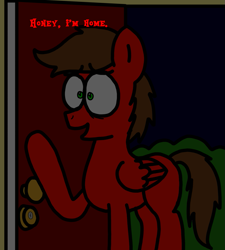 Size: 1275x1414 | Tagged: safe, artist:professorventurer, imported from derpibooru, oc, oc:professor venturer, pegasus, pony, series:ask pippamena, door, folded wings, honey i'm home, night, pegasus oc, solo, text, wings