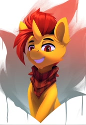 Size: 747x1080 | Tagged: safe, artist:n_thing, imported from derpibooru, oc, oc only, oc:selest light, pony, unicorn, bandana, brown eyes, bust, cheek fluff, ear fluff, horn, male, neckerchief, smiling, solo, stallion, unicorn oc