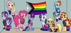 Size: 5350x2500 | Tagged: safe, artist:appleneedle, artist:icicle-wicicle-1517, color edit, edit, imported from derpibooru, applejack, fluttershy, pinkie pie, rainbow dash, rarity, starlight glimmer, sunset shimmer, twilight sparkle, alicorn, earth pony, pegasus, pony, unicorn, equestria girls, asexual, asexual pride flag, bisexual pride flag, bracelet, choker, clothes, collaboration, colored, ear piercing, earring, female, flag, flying, freckles, gay pride flag, grin, homoflexible, homoflexible pride flag, jewelry, lgbt, mane six, mare, missing cutie mark, mouth hold, nail, necklace, pansexual, pansexual pride flag, piercing, pride, pride flag, pride month, progressive pride flag, rainbow socks, raised hoof, raised leg, sitting, smiling, socks, spiked choker, striped socks, sweater, twilight sparkle (alicorn)