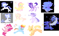 Size: 2067x1276 | Tagged: safe, artist:miinti, imported from derpibooru, applejack, fluttershy, nightmare moon, pinkie pie, princess luna, rainbow dash, rarity, twilight sparkle, alicorn, earth pony, pegasus, pony, unicorn, beanbrows, crescent moon, eyebrows, mane six, moon, simple background, tangible heavenly object, transparent moon, unicorn twilight, white background, wip