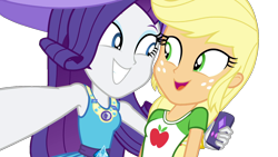 Size: 1280x720 | Tagged: safe, artist:marcoequestrian98, edit, edited edit, edited screencap, imported from derpibooru, screencap, applejack, rarity, human, camping must-haves, equestria girls, spoiler:eqg series (season 2), background removed, clothes, cute, dress, duo, female, jewelry, missing accessory, necklace, not a vector, rarity peplum dress, selfie, shirt, simple background, t-shirt, transparent background