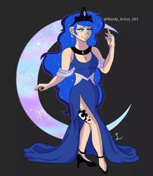 Size: 1080x1241 | Tagged: safe, artist:nerdyartist1013, imported from derpibooru, princess luna, human, clothes, crescent moon, crown, cutie mark on human, dress, ear piercing, earring, female, high heels, humanized, jewelry, moon, piercing, regalia, shoes, side slit, solo