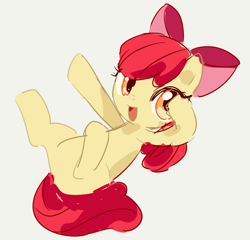 Size: 700x672 | Tagged: safe, artist:ayellustration, imported from derpibooru, apple bloom, earth pony, pony, adorabloom, butt, cute, female, filly, foal, full body, hooves, lying down, on back, open mouth, open smile, plot, simple background, smiling, solo, white background