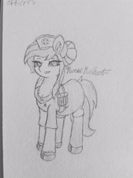 Size: 2591x3455 | Tagged: safe, artist:sodapop sprays, imported from derpibooru, nurse redheart, earth pony, pony, background pony, chest fluff, clothes, combadge, ear fluff, eye, eyes, female, hat, looking at you, mane, mare, nurse, satchel, shoes, skirt, solo, star trek, stockings, thigh highs, traditional art, uniform
