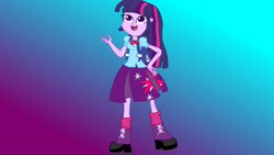 Size: 3264x1836 | Tagged: safe, artist:the double u, imported from derpibooru, twilight sparkle, human, equestria girls, backpack, boots, clothes, gradient background, high heel boots, shirt, shoes, skirt, smiling, solo