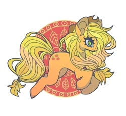 Size: 810x748 | Tagged: safe, artist:batthsalts, imported from derpibooru, applejack, earth pony, pony, applejack's hat, cowboy hat, freckles, hat, jumping, ponytail, simple background, solo, thousand yard stare, white background