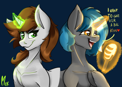 Size: 4961x3508 | Tagged: safe, artist:mekblue, imported from derpibooru, oc, oc:homage, oc:littlepip, pony, unicorn, fallout equestria, female, horn, lesbian, magic, microphone, oc x oc, pipmage, shipping, telekinesis, unicorn oc