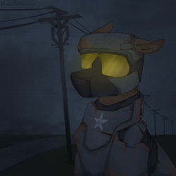 Size: 2300x2300 | Tagged: safe, artist:molars, imported from derpibooru, oc, unnamed oc, earth pony, pony, fallout equestria, armor, ashes town, halo, helmet, rusted, solo, visor