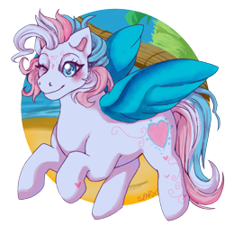 Size: 1600x1600 | Tagged: safe, artist:cinnamonsparx, edit, editor:edits of hate, imported from twibooru, star catcher, pegasus, pony, blushing, colored wings, g3, heart mark, image, one eye closed, png, solo, wings