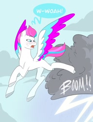 Size: 919x1200 | Tagged: safe, artist:aztrial, imported from derpibooru, zipp storm, pegasus, pony, cloud, colored wings, eyebrows, female, flying, g5, kicking, lightning, mare, multicolored wings, open mouth, sky, solo, speech bubble, spread wings, stormcloud, surprised, sweat, unshorn fetlocks, wings
