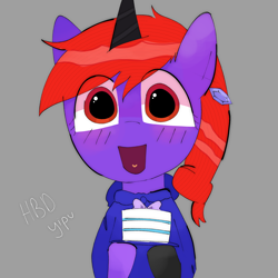 Size: 2048x2048 | Tagged: safe, artist:omelettepony, oc, oc only, oc:naya vespers, birthday, birthday cake, birthday gift, blushing, bow, cake, different colored horn, ear piercing, earring, food, gem, gift art, gray background, jewelry, open mouth, open smile, piercing, simple background