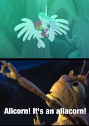 Size: 1024x1445 | Tagged: safe, edit, edited screencap, imported from derpibooru, screencap, princess celestia, alicorn, insect, pony, between dark and dawn, a bug's life, alternate hairstyle, clothes, crossover, everfree forest, flying, grasshopper, hawaiian shirt, hopper, meme, pixar, pointing, ponytail, scared, scaredlestia, shirt, spread wings, tree, tree branch, wings