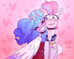 Size: 1280x1024 | Tagged: safe, artist:gothalite, imported from derpibooru, izzy moonbow, zipp storm, pegasus, pony, unicorn, bisexual, blushing, clothes, eyes closed, female, g5, grin, lesbian, mare, pansexual, smiling, transgender, wings