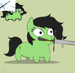 Size: 830x802 | Tagged: safe, artist:zebra, oc, oc only, oc:filly anon, claymore, female, filly, mouth hold, solo, sword, weapon