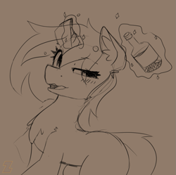 Size: 825x823 | Tagged: safe, artist:zebra, unicorn, alcohol, blushing, bottle, chest fluff, drunk, levitation, magic, open mouth, solo, telekinesis