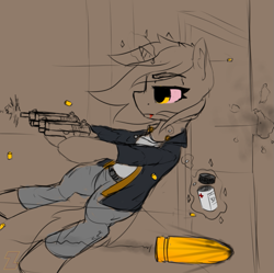 Size: 831x827 | Tagged: safe, artist:zebra, lyra heartstrings, oc, oc:officer lyra, belt, beretta, blood, bloodshot eyes, bullet, bullet time, clothes, dual wield, game reference, gun, handgun, hoof hold, jacket, jumping, levitation, magic, max payne, max payne 2, max payne 2 the fall of max payne, painkiller, pants, pills, pistol, shooting, slow motion, solo, telekinesis