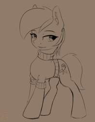 Size: 686x873 | Tagged: safe, artist:zebra, roseluck, earth pony, pony, clothes, ear fluff, female, grin, mare, monochrome, smiling, solo, sweater, turtleneck, turtleneck sweater