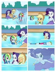 Size: 792x1009 | Tagged: safe, artist:serisabibi, imported from derpibooru, applejack, rainbow dash, rarity, equestria girls, belt, boots, clothes, cowboy boots, cowboy hat, hat, high heel boots, shirt, shoes, skirt, socks, solo, stetson, swimming pool, underwater, wet