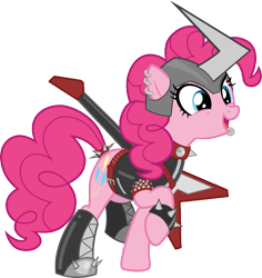 Size: 3137x3329 | Tagged: safe, artist:cocaine, edit, imported from derpibooru, vector edit, pinkie pie, earth pony, boots, clothes, electric guitar, guitar, helmet, metalhead, musical instrument, piercing, redesign, shoes, simple background, solo, spikes, transparent background, vector