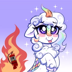 Size: 4096x4096 | Tagged: safe, artist:confetticakez, oc, oc only, kirin, female, fire, fire extinguisher, floppy ears, mare, raised hoof, simple background, smiling, sparkles, tongue out