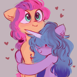 Size: 1869x1866 | Tagged: safe, artist:raily, imported from derpibooru, izzy moonbow, sunny starscout, earth pony, pony, unicorn, :i, female, floating heart, floppy ears, friends, g5, heart, hug, izzyscout, lesbian, shipping