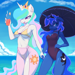 Size: 1512x1512 | Tagged: safe, artist:fajeh, imported from derpibooru, princess celestia, princess luna, alicorn, anthro, absolute cleavage, belly button, bikini, breasts, busty princess celestia, choker, cleavage, clothes, cloud, drink, duo, duo female, ear fluff, female, floppy ears, glass, holding hands, horn, looking at you, ocean, one-piece swimsuit, open mouth, open smile, palindrome get, praise the moon, praise the sun, sarong, see-through, signature, smiling, swimsuit, tail, umbrella, underboob, water