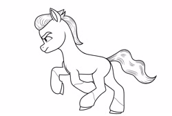 Size: 3048x2048 | Tagged: safe, artist:dancingkinfiend, derpibooru exclusive, imported from derpibooru, sprout cloverleaf, earth pony, pony, angry, black and white, butt, coat markings, determined, eyebrows down, g5, galloping, grayscale, high res, male, monochrome, my little pony: a new generation, plot, running, simple background, socks (coat markings), solo, stallion, wavy hair, wavy mane, white background