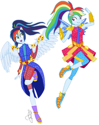 Size: 1024x1291 | Tagged: safe, artist:ilaria122, imported from derpibooru, rainbow dash, oc, human, equestria girls, clothes, crystal guardian, duo, female, mother and child, mother and daughter, offspring, parent:rainbow dash, parent:soarin', parents:soarindash, ponied up, simple background, transparent background