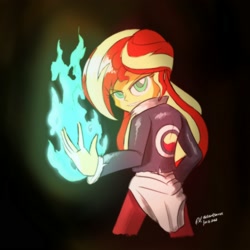 Size: 2000x2000 | Tagged: safe, artist:theratedrshimmer, imported from derpibooru, sunset shimmer, human, equestria girls, clothes, cosplay, costume, eyebrows, eyebrows visible through hair, female, fiery shimmer, fire, fireball, green fire, grin, high res, iori yagami, king of fighters, looking at you, looking back, looking back at you, smiling, smiling at you, snk, solo