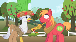 Size: 1280x720 | Tagged: safe, artist:mlp-silver-quill, imported from derpibooru, big macintosh, oc, oc:silver quill, earth pony, hippogriff, pony, after the fact, after the fact:appleoosa's most wanted, apple, apple tree, cactus, cactus hat, duo, hat, horse collar, male, scepter, stallion, sweet apple acres, tree, twilight scepter