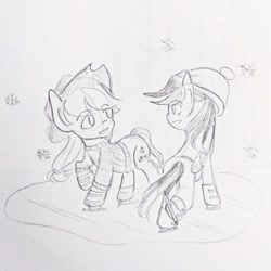 Size: 640x640 | Tagged: safe, artist:snowzaaah, imported from derpibooru, applejack, rainbow dash, earth pony, pegasus, pony, appledash, appledashdailydoodles, doodle, female, lesbian, monochrome, pencil drawing, shipping, sketch, traditional art