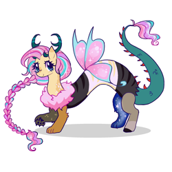 Size: 2000x2000 | Tagged: safe, artist:plushfurby, imported from derpibooru, fluttershy, draconequus, antlers, braid, butterfly wings, draconequified, flutterequus, flutterfly, good end, immortality blues no more, simple background, solo, species swap, white background, wings