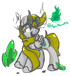 Size: 614x653 | Tagged: safe, artist:igorbanette, imported from derpibooru, oc, oc only, oc:thorn darkness, pegasus, pony, clothes, eye mist, goggles on head, scarf, solo