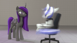 Size: 1280x720 | Tagged: safe, artist:etheria galaxia, imported from derpibooru, oc, oc only, oc:etheria galaxia, oc:scratch wub, alicorn, pony, unicorn, 3d, alicorn oc, animated, chair, curved horn, female, glasses, horn, i have done nothing productive all day, loop, male, mare, no sound, office chair, source filmmaker, spinning, stallion, tail, unamused, unicorn oc, webm, wings, you spin me right round