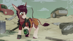 Size: 1920x1080 | Tagged: safe, artist:willoillo, imported from derpibooru, oc, oc only, donkey, fallout equestria, commission, gun, junkyard, solo, weapon