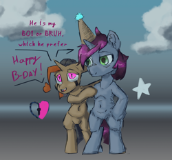 Size: 974x903 | Tagged: safe, artist:sharpy, artist:zlatdesign, imported from derpibooru, oc, oc:max bright, oc:rusted gold, pony, unicorn, bipedal, chibi, duo, happy birthday