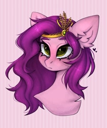 Size: 1843x2190 | Tagged: safe, artist:arisuyukita, imported from derpibooru, pipp petals, pegasus, pony, abstract background, adorapipp, bust, cute, eyebrows, female, frown, g5, glitter, high res, mare, solo
