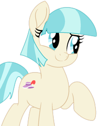 Size: 778x889 | Tagged: safe, artist:katnekobase, artist:twilyisbestpone, imported from derpibooru, coco pommel, earth pony, pony, base used, cocobetes, cute, female, looking at something, mare, missing accessory, pretty, raised hoof, simple background, smiling, solo, transparent background