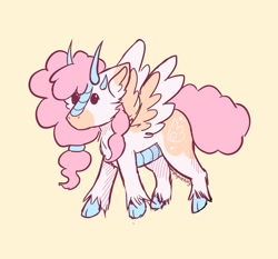 Size: 2048x1905 | Tagged: safe, artist:sylviekitty, imported from derpibooru, oc, oc only, oc:emmy, dinosaur, original species, pegasus, pony, dinopony, female, horns, simple background, solo, unshorn fetlocks