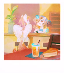 Size: 1796x2048 | Tagged: safe, artist:dearmary, imported from derpibooru, oc, oc only, pegasus, pony, unicorn, back, beautiful, cake, chair, clothes, coffee, female, flower pot, food, juice, mare, polaroid, scarf, sitting, smiling, table, wings