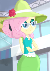 Size: 1080x1547 | Tagged: safe, artist:dashdeviant, imported from derpibooru, fluttershy, human, equestria girls, clothes, cute, female, hair bun, hat, purse, shyabetes, skirt, smiling, solo, sun hat, sunglasses