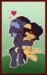 Size: 1200x1920 | Tagged: safe, artist:thebadbadger, imported from derpibooru, earth pony, pegasus, blushing, floating heart, heart, hug, open mouth, smiling