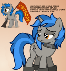 Size: 1000x1070 | Tagged: safe, artist:bodyashkin, artist:estories, artist:starlessnight22, edit, imported from derpibooru, oc, oc only, oc:homage, pony, unicorn, fallout equestria, cyrillic, fallout, fanfic, fanfic art, female, flag, gun, hooves, poem, poster, propaganda, propaganda poster, russian, shackles, slave, soviet, translated in the description, vector, weapon